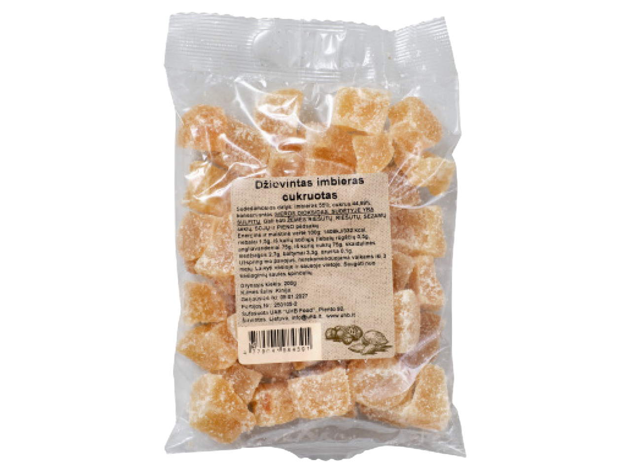 Cukurots ingvers caurspīdīgā iepakojumā ar informācijas uzlīmi.