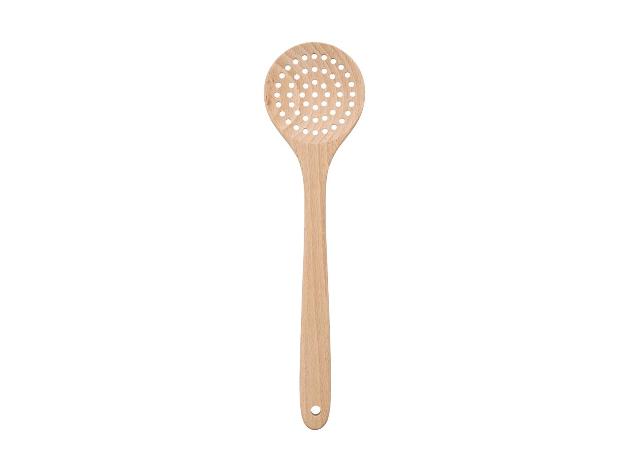 Wooden slotted spoon with a round head and small holes