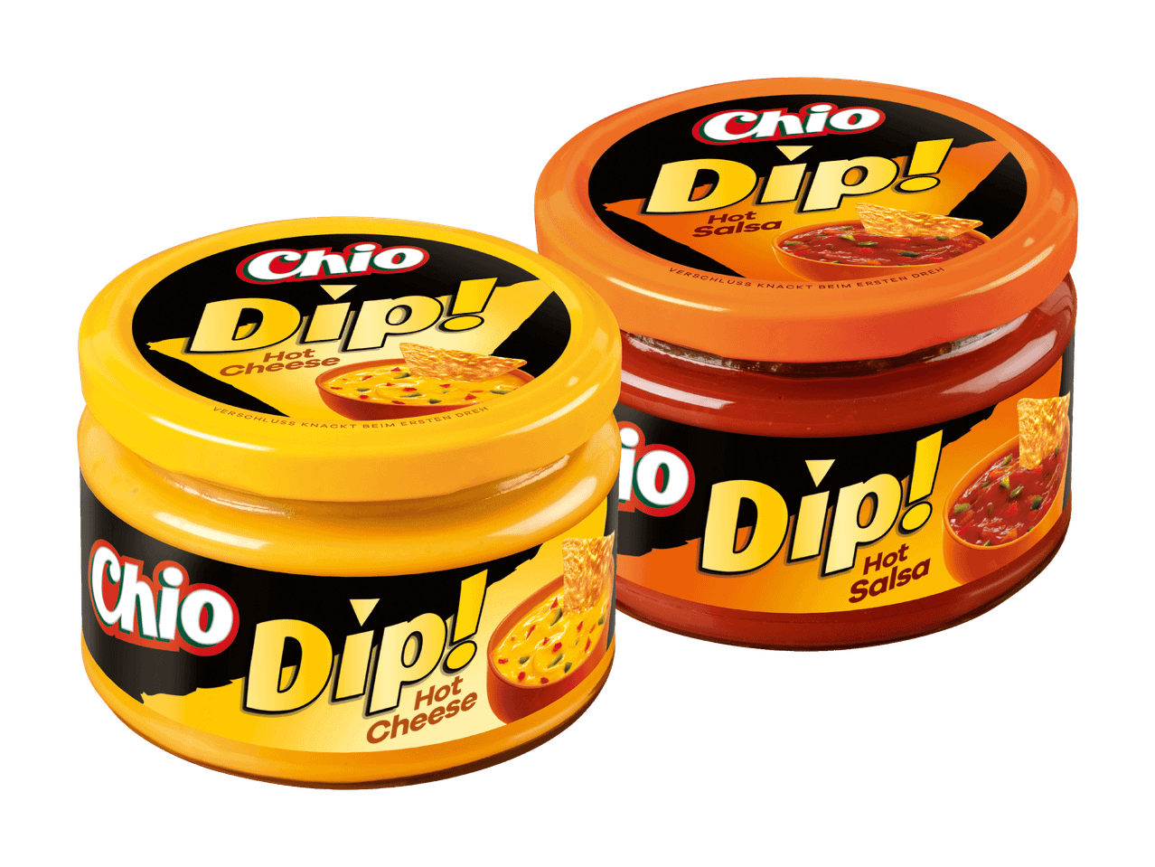 Zwei Chio Dip! Gläser: eins mit scharfem Käse, eins mit scharfer Salsa.