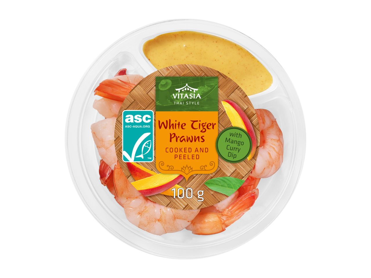 White Tiger Prawns with Mango Curry Dip, cooked and peeled, 100g.