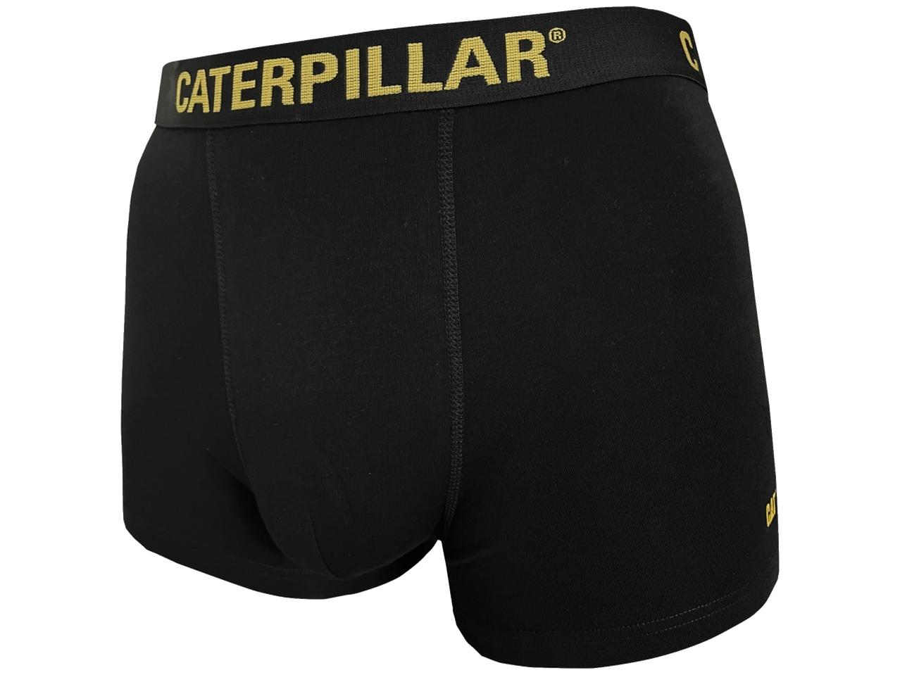 Black Caterpillar men's short boxers with a gold logo waistband.