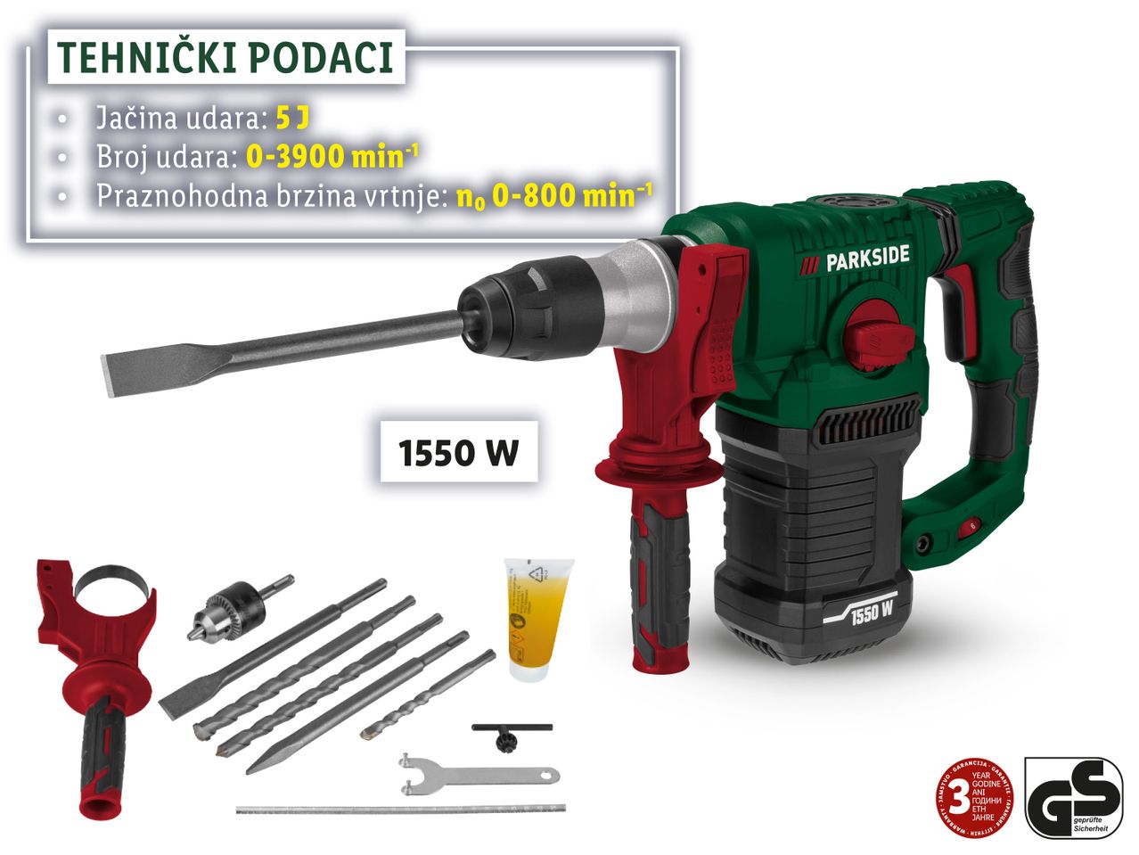 Parkside udarna bušilica od 1550 W s tehničkim podacima i priborom.