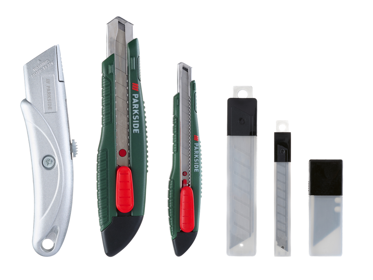 Set de cuttere cu trei cuttere de diferite dimensiuni și trei carcase pentru rezerve de lame.