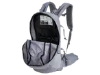 Open grey backpack with emergency signals and contact numbers printed inside.