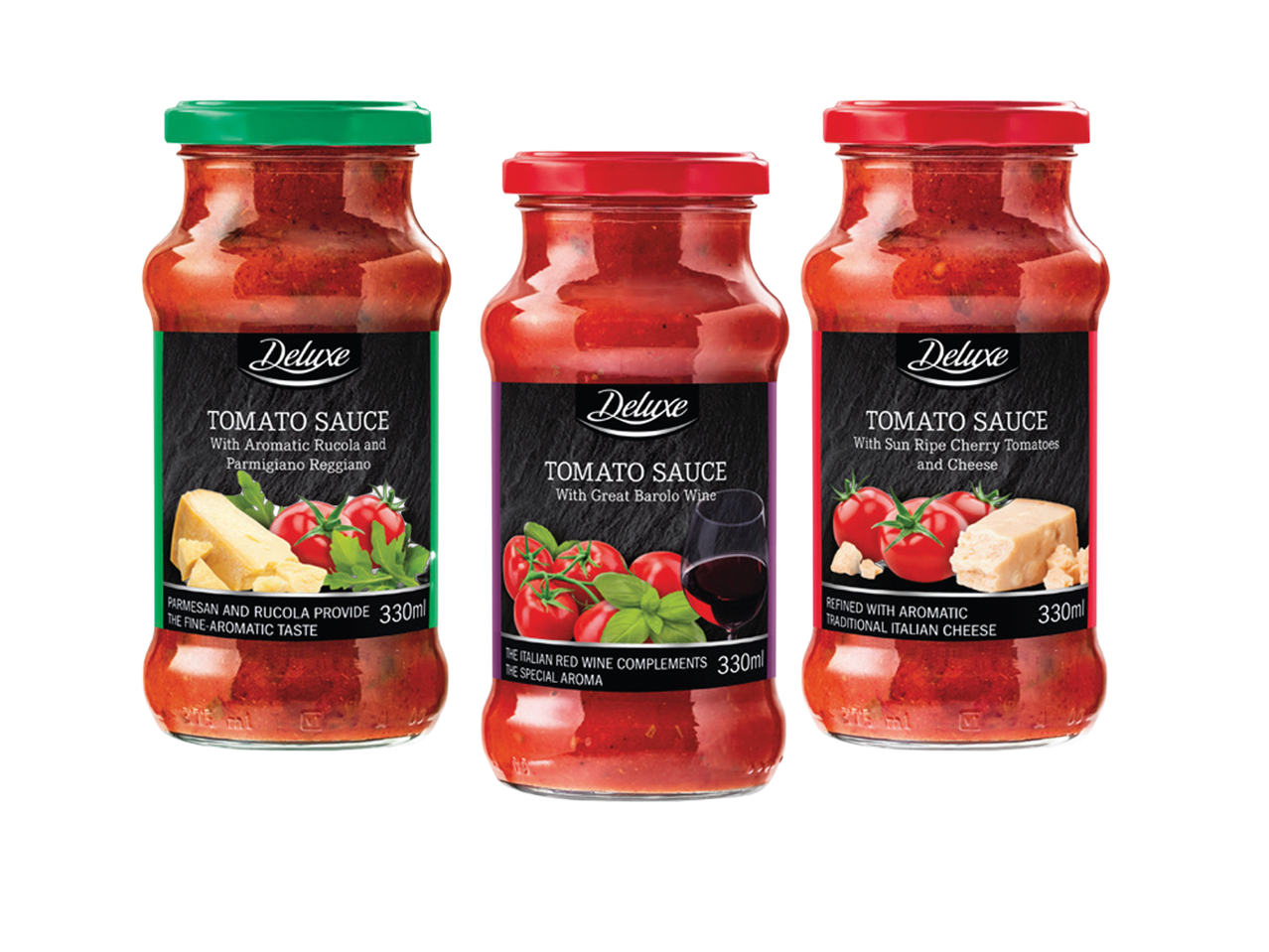 Tri tegle paradajz sosa sa različitim ukusima: rukola i parmezan, Barolo vino, čeri paradajz i sir.