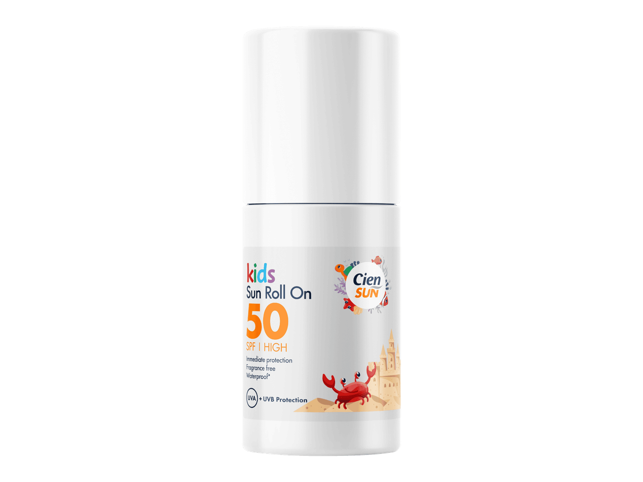 Lasten aurinkosuojarulla SPF 50, korkea suoja, vedenkestävä, UVA + UVB -suoja.