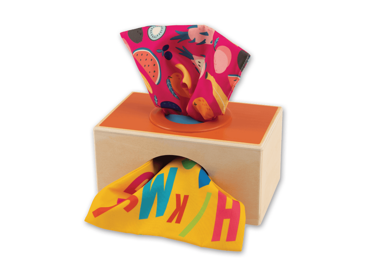 Holzbox mit bunten Tüchern, eines mit Früchten, das andere mit Buchstaben.