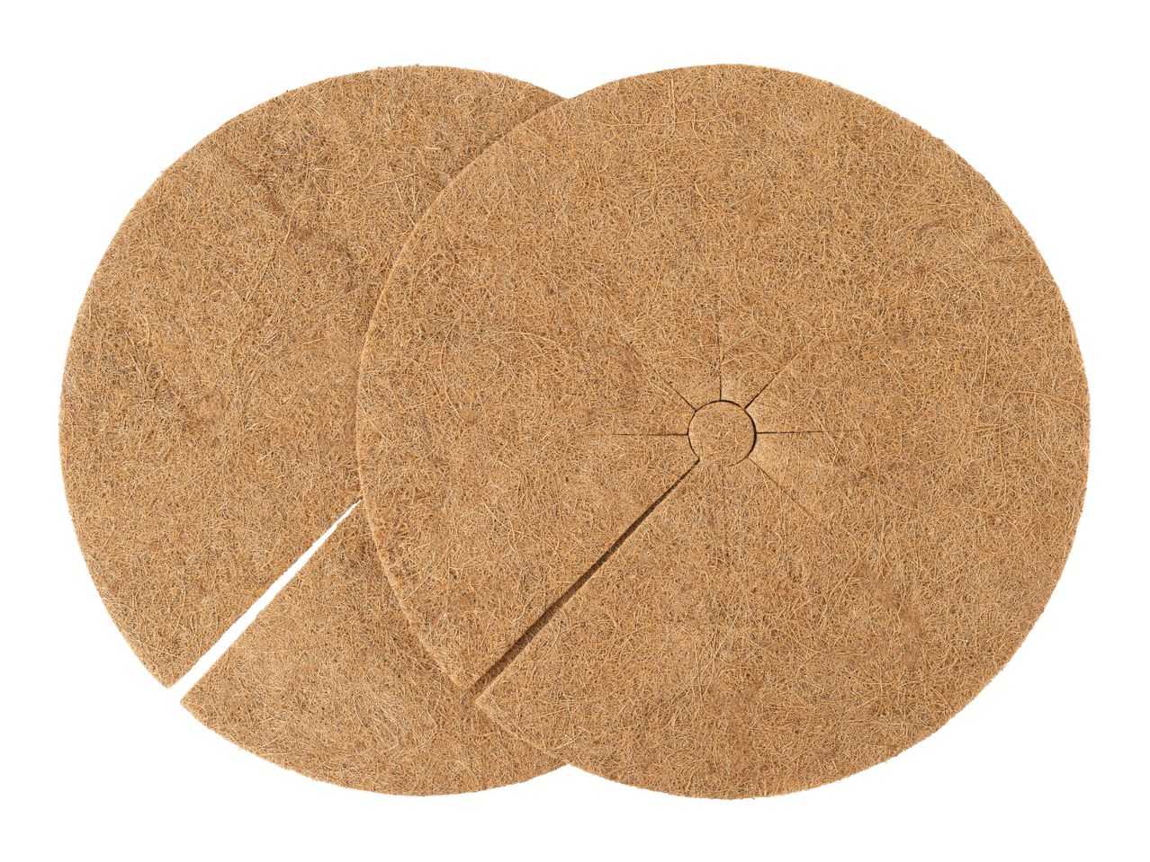 Two round coconut fiber mulch mats for plants, isolated on a white background.