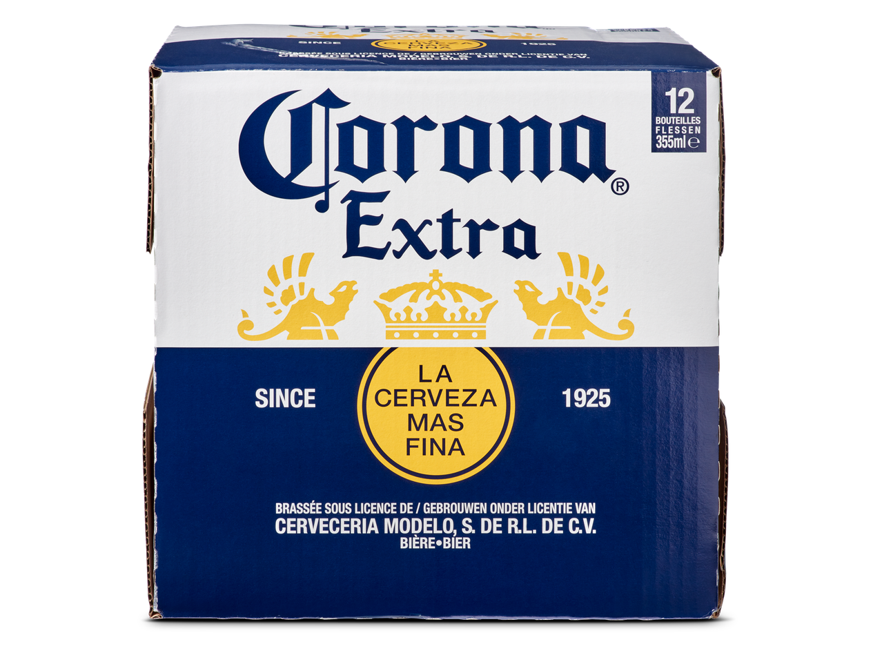 Een doos Corona Extra bier met 12 flessen van 355ml.
