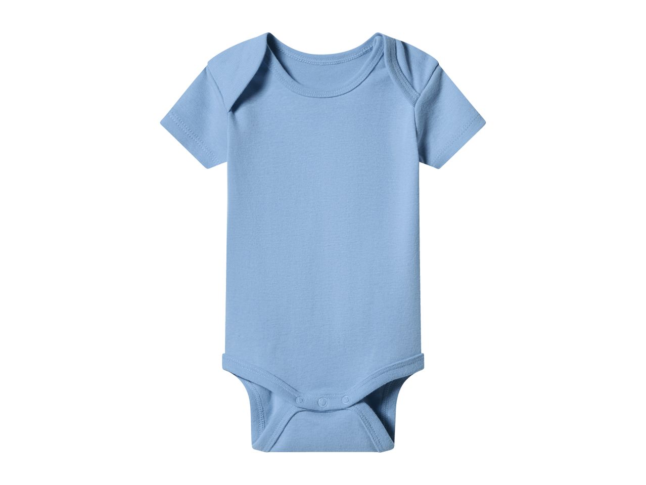 Light blue short-sleeved baby bodysuit with snap closures at the crotch.