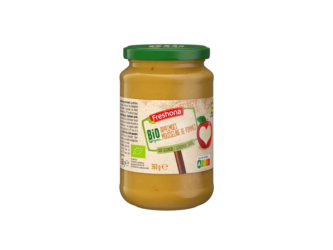 Freshona BIO Organic appelmoes in een glazen pot met een groene deksel, 360g.