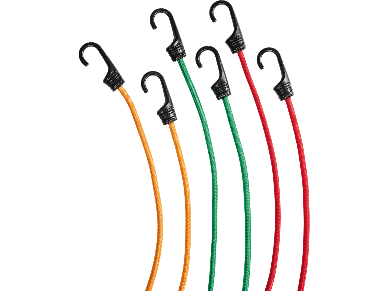 Vijf gekleurde elastische koorden in oranje, groen en rood met zwarte haken.