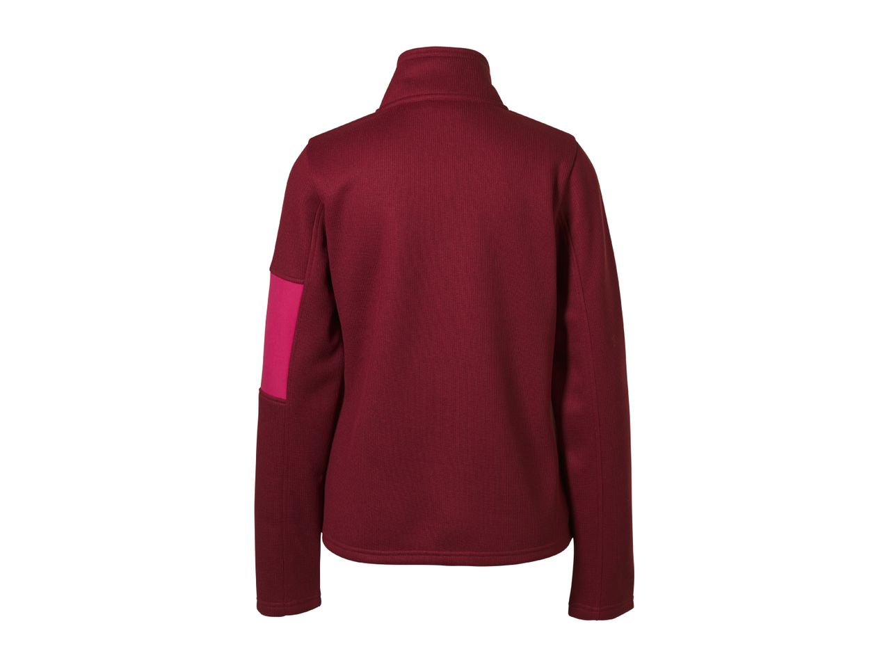 Women's red fleece jacket with a pink patch on the left sleeve, back view.