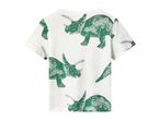 White short-sleeved t-shirt with a green dinosaur print, back view.