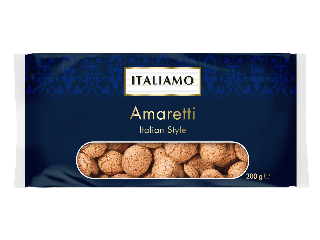 Olasz stílusú amaretti keksz kék színű, 200 g-os csomagolásban.