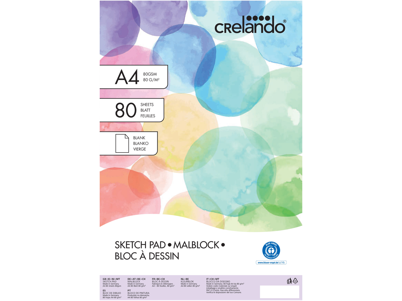 CRELANDO A4 schetsblok met 80 vellen, 80 g/m², met aquarelachtige achtergrond.