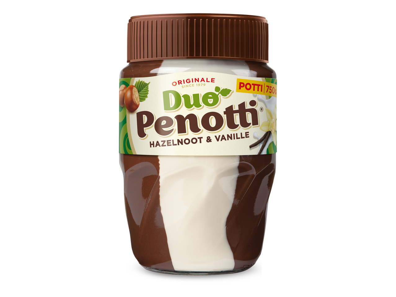 Pot met hazelnoot- en vanillepasta, met een bruine dop en een label met noten en vanillebloemen.