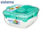 Clear salad container with a teal lid, featuring a smaller inner compartment and secure clips.