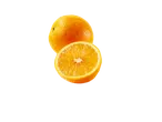 Duas laranjas frescas, uma inteira e uma cortada ao meio, sobre um fundo branco.