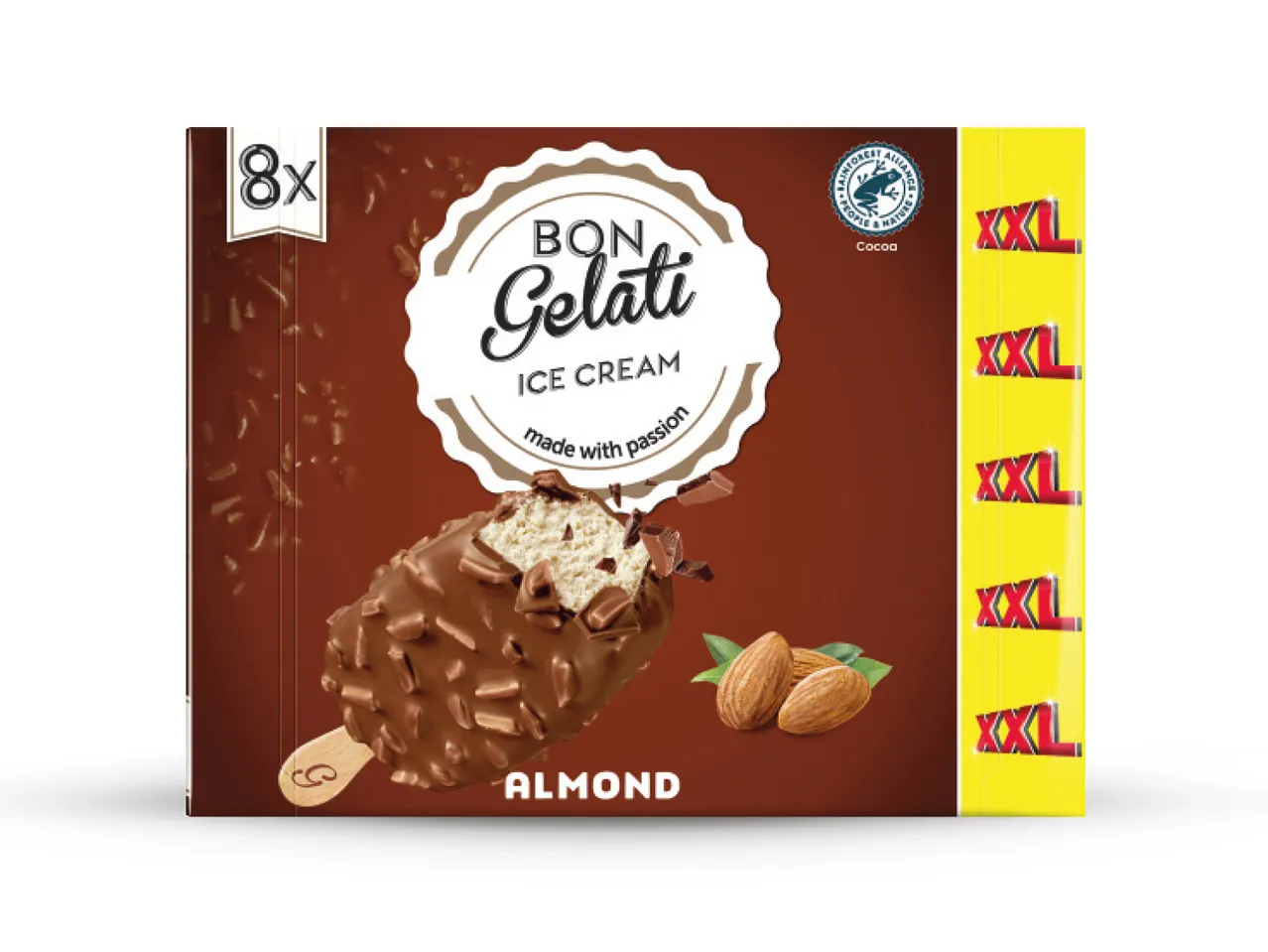 Pakiranje od 8 Bon Gelati sladoleda s okusom badema.