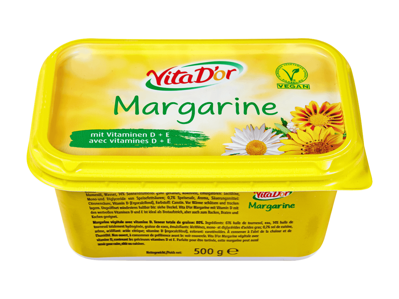 Vita D'or Margarine mit Vitaminen D+E, 500g Packung.