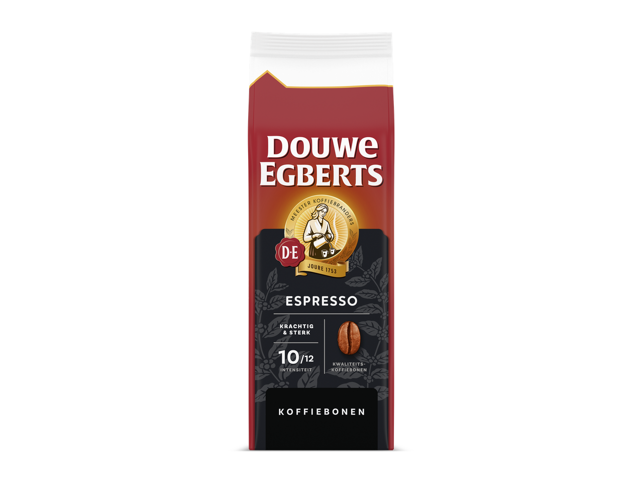 Een pak Douwe Egberts Espresso koffiebonen met intensiteit 10.
