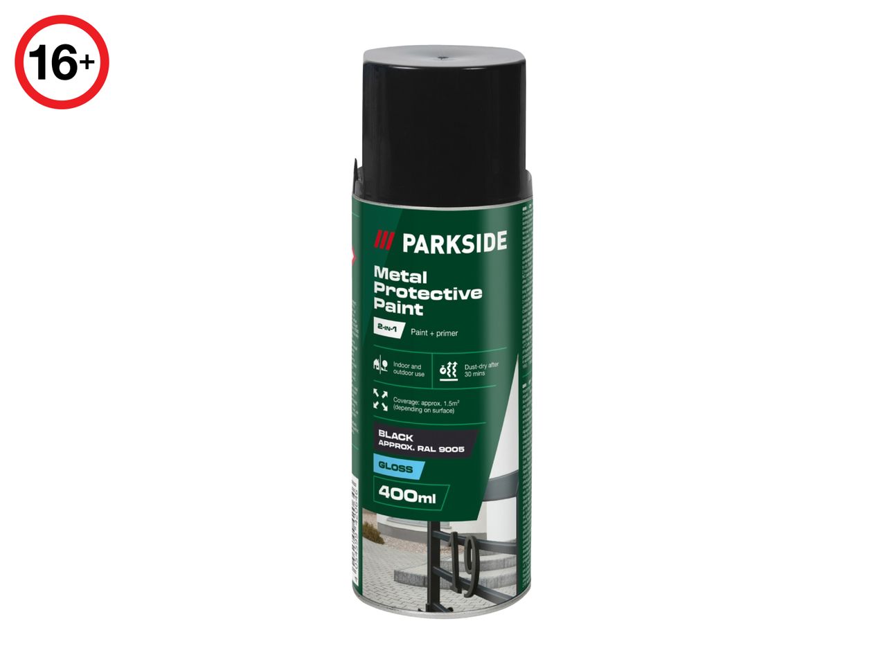 Black metal protective paint spray can, 400ml, with a 16+ age restriction.