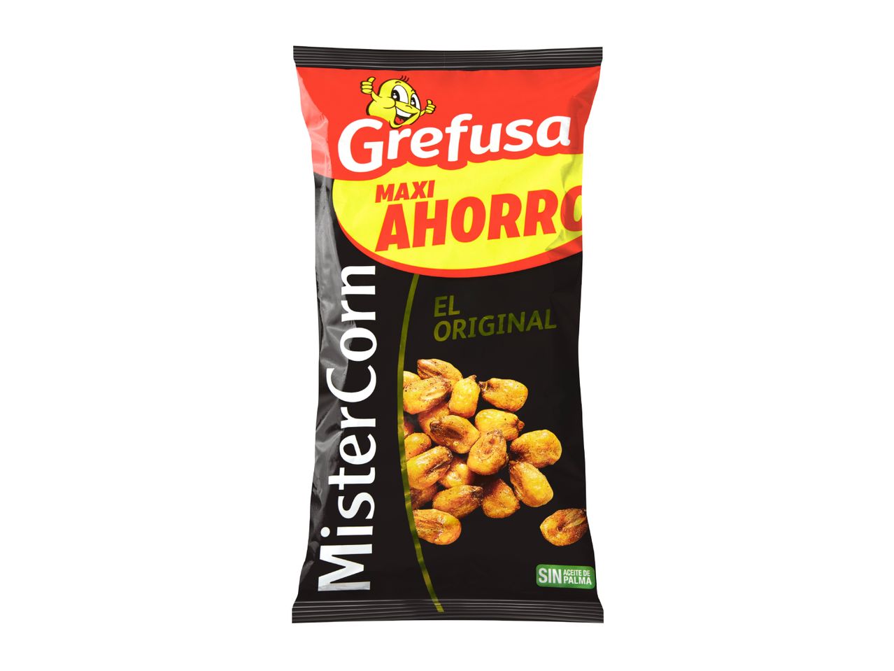 A black and red bag of roasted corn snacks with a yellow savings label and a cartoon character.