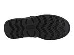 Bottom view of a black shoe sole with a textured pattern and a circular logo.
