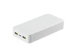 Fehér Tronic power bank zöld USB-portokkal és töltöttségjelző LED-ekkel.