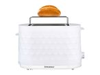 White toaster with a bun warmer attachment and a bread roll on top