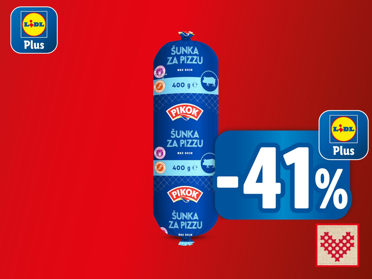 Lidl Plus akcija: 41% popusta na Pikok šunku za pizzu (400g).