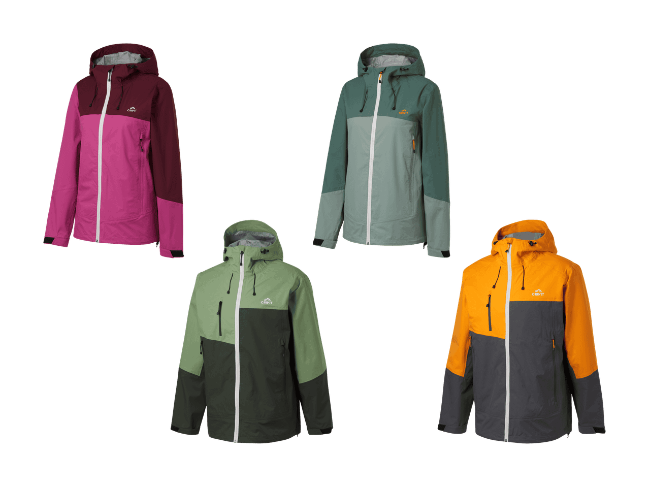Vier Crivit Regenjacken in verschiedenen Farben: Pink/Bordeaux, Grün/Grau, Hellgrün/Dunkelgrün, Orange/Grau.