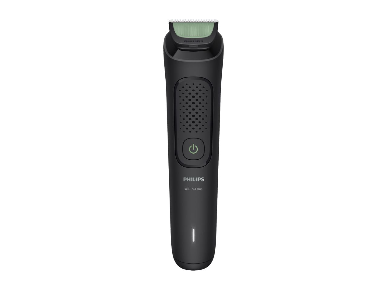 Black all-in-one trimmer with a green cutting head and a power button.