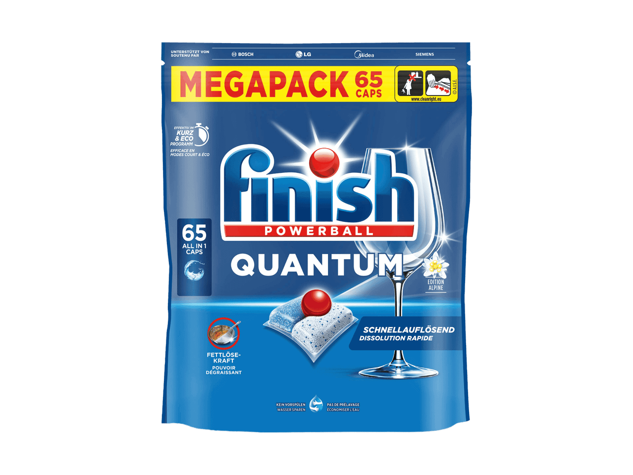 Packung mit 65 Geschirrspülkapseln, wirksam auch in Kurz- und Eco-Programmen.