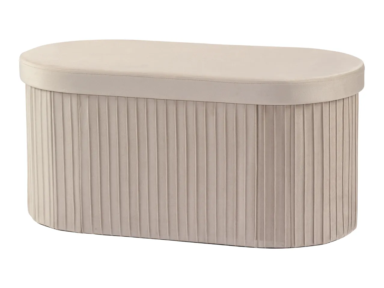 Beige velvet storage ottoman with a pleated design