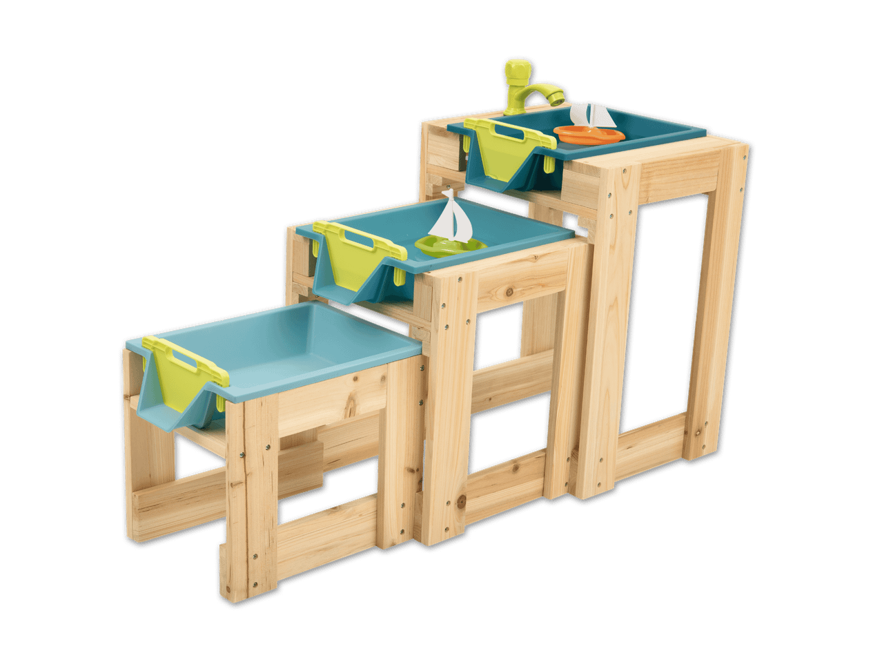 Ein hölzernes Wasserspielzeug für Kinder mit drei Becken und einem Wasserhahn.