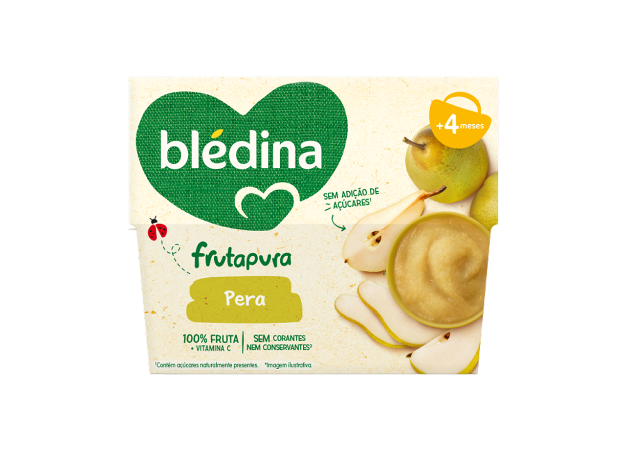 Embalagem de puré de pera para bebé, com a indicação '+4 meses' e '100% fruta'.