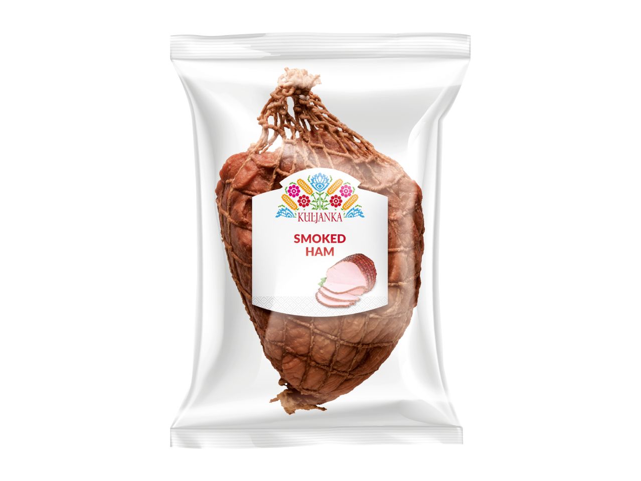 Smoked ham in a clear vacuum-sealed package with a folk-art inspired label.
