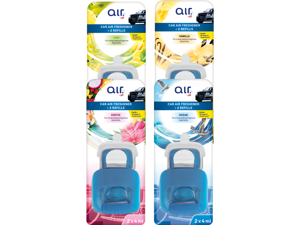 Fyra förpackningar med Air by W5 billuftfräschare i smakerna lime, vanilj, exotic och ocean.