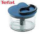 Manual food chopper with a blue lid, black pull handle, and clear bowl