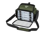 Green fishing bag with four clear tackle boxes and an open front pocket.