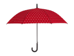 A red umbrella with white polka dots and a black handle, open against a black background.