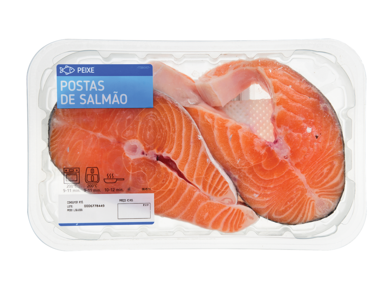 Embalagem de postas de salmão frescas com instruções de cozedura e informações do produto.