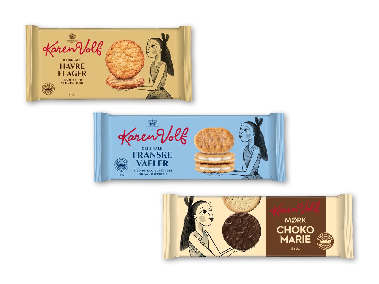 Karen Volf's pakker med havreflager, franske vaffelkager og mørke chokoladekiks.