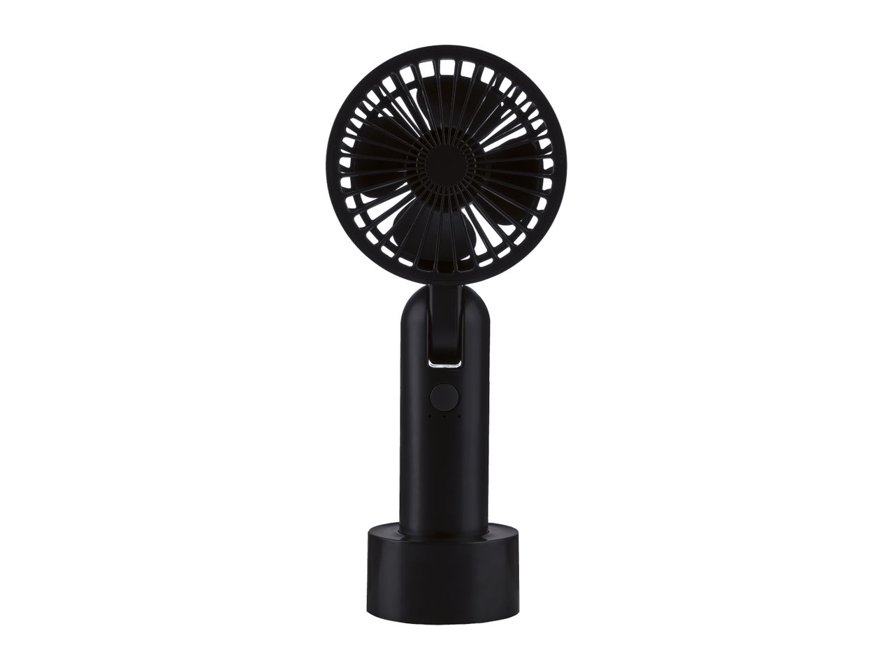 Black portable fan with a round head and a base, standing upright.