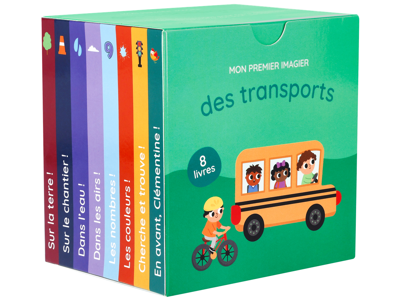 Coffret de 8 livres pour enfants sur les transports, avec des thèmes variés.
