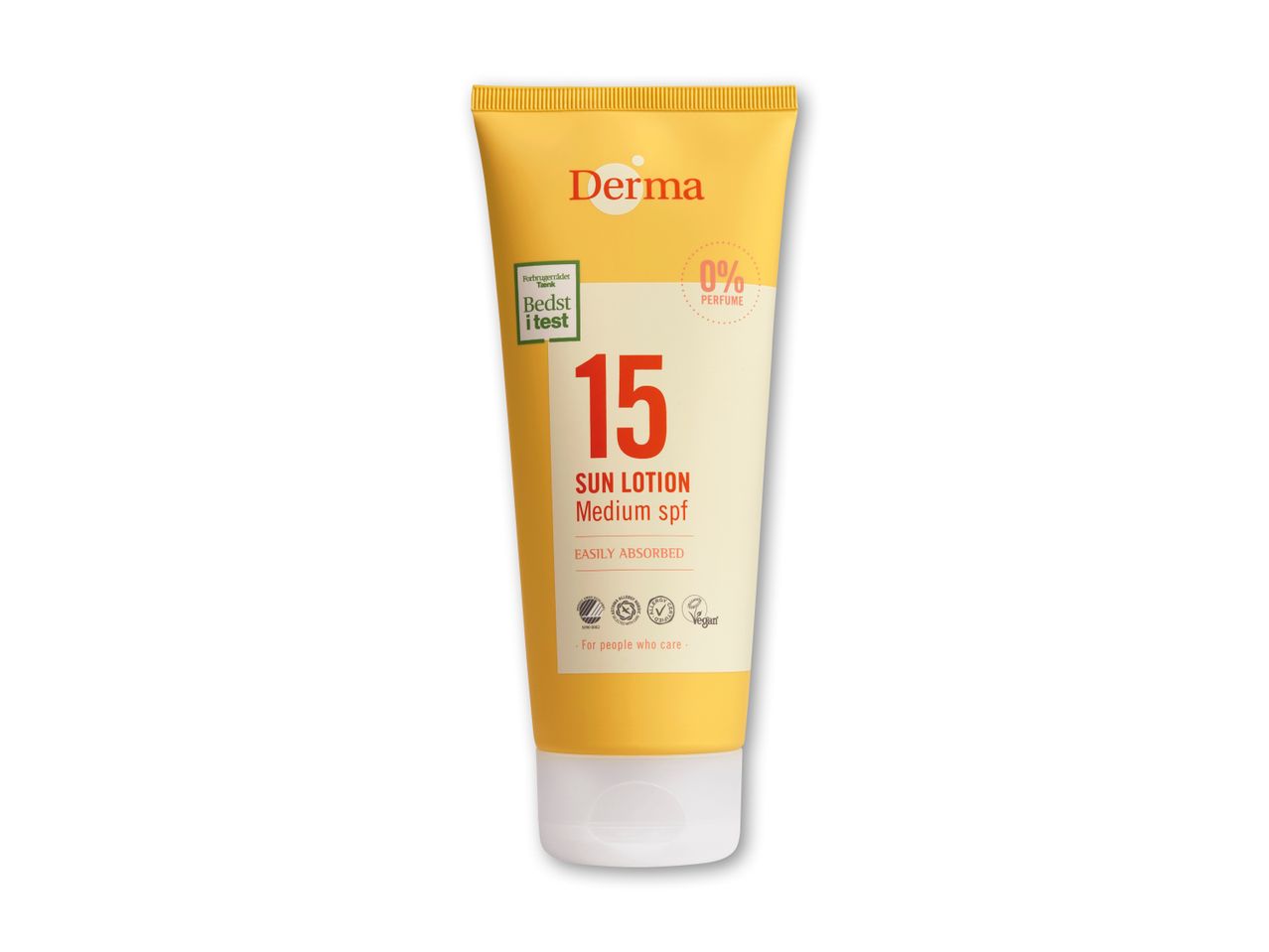 Solcreme med SPF 15, mærket som 'Bedst i test' og 0% parfume.