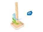 Wooden marble run with blue and green leaf-shaped tracks and a blue marble.
