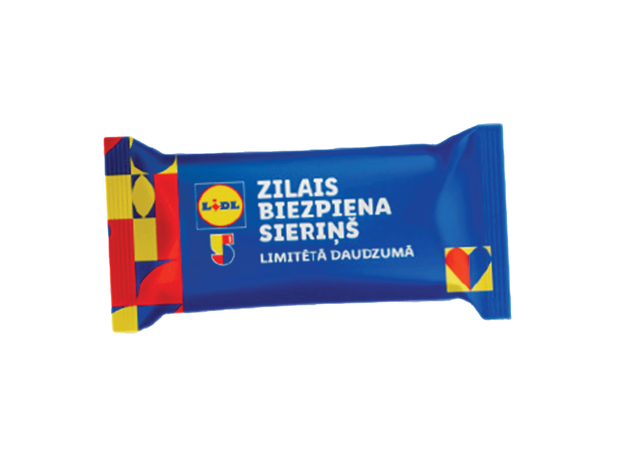 Zils biezpiena sieriņš iepakojumā ar ģeometrisku rakstu, ierobežota tirāža.